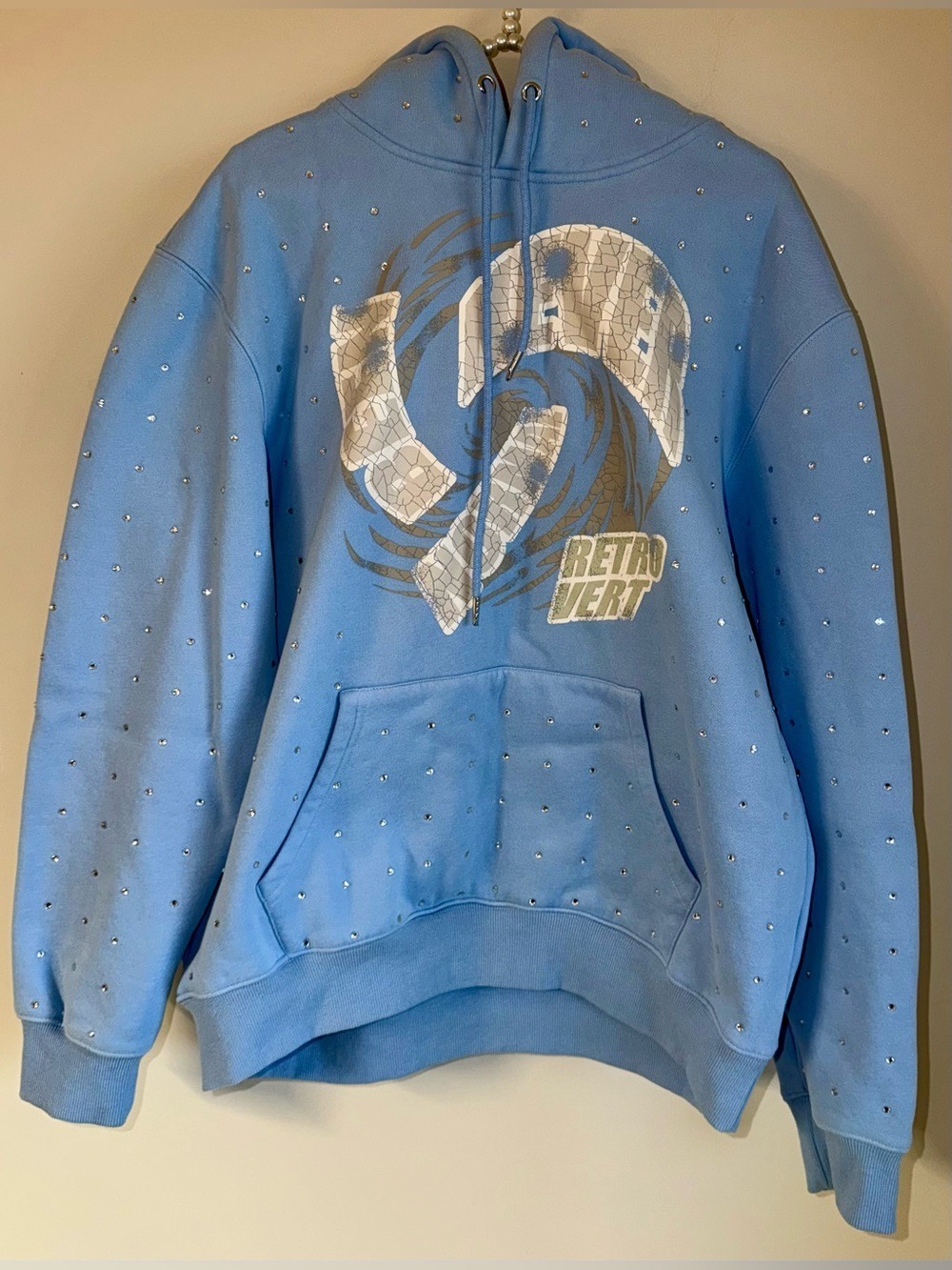 Retrovert Unisex "Never Been Normal" Rhinestone Hoodie Light Blue Size L